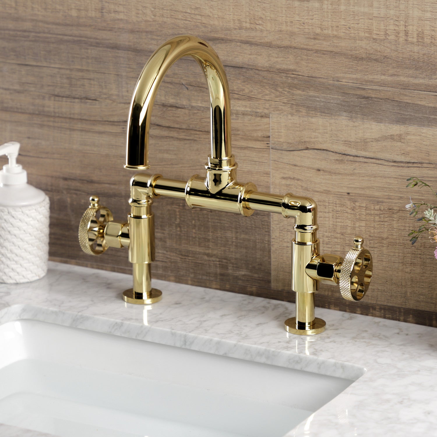 Kingston Sona KS2172RKX - Webb Two-Handle 2-Hole Deck Mount Bridge Bathroom Faucet with Knurled Handle and Push Pop-Up Drain, Polished Brass — image 1